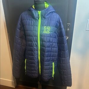 Kids Navy Blue Hooded Puffer Jacket with Lime Trim